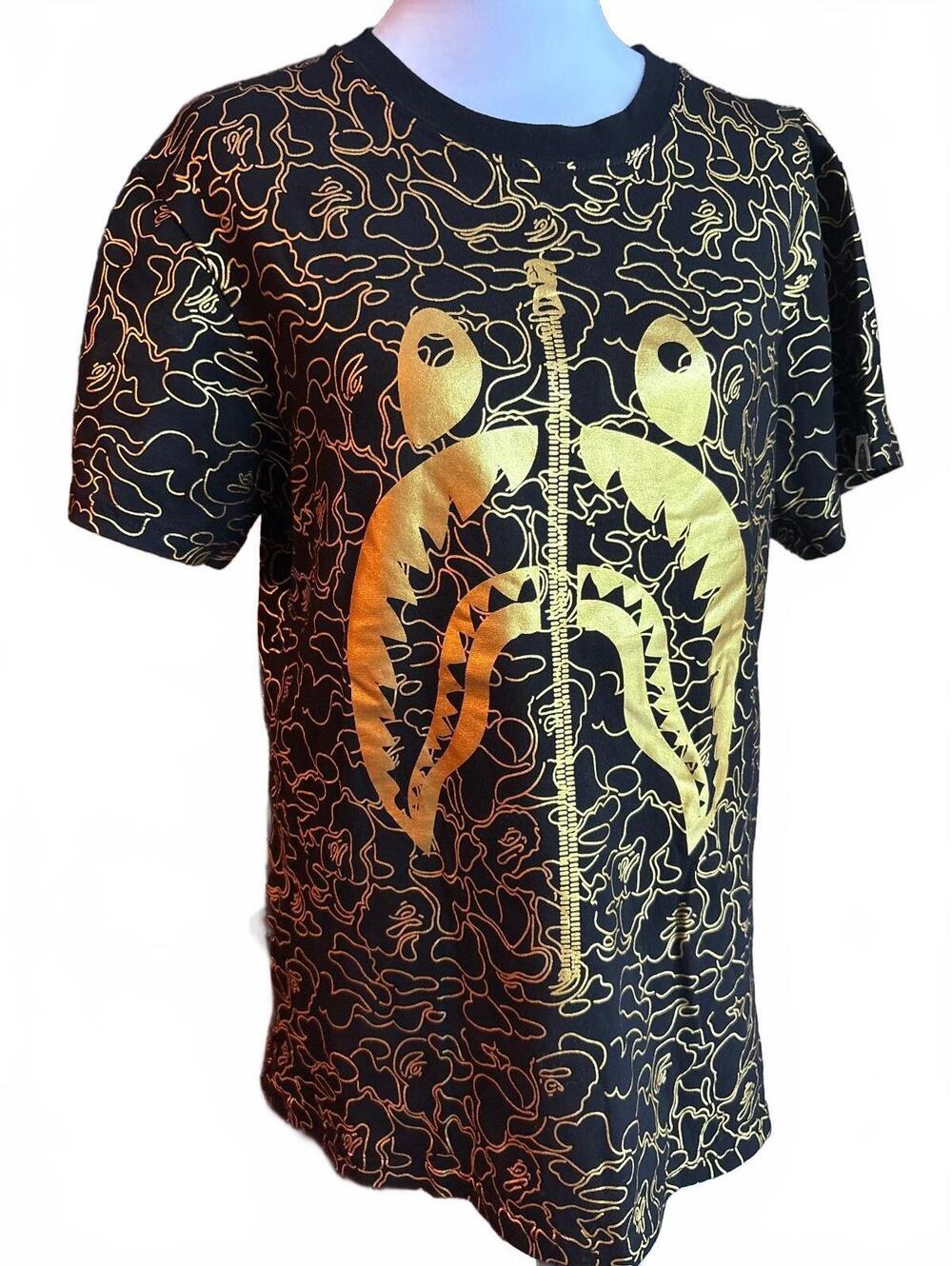 RARE A Bathing Ape (BAPE) Black and Gold Shark Zipper T (special edition) L